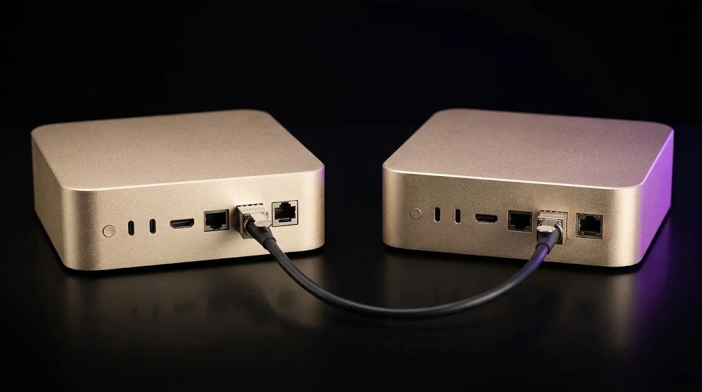 Product render: two RAPTOR compute nodes side by side, rear panels facing, joined by a single direct-attach cable between their network ports