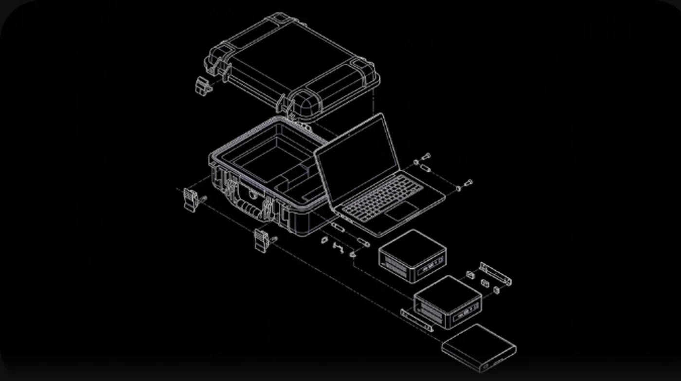 Exploded schematic illustration of the RAPTOR unit: transit case, console, compute modules and battery pack
